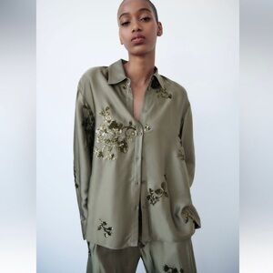 Zara Sequin Satin Effect Shirt Size XS